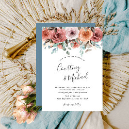 Convites Casamento Floral De Pêssego Eetal Azul, Blush