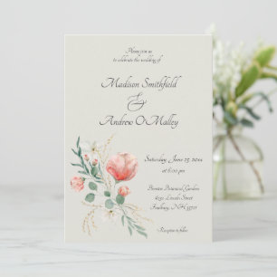 Convites Casamento Floral de Pêssego Elegante e Água Verde