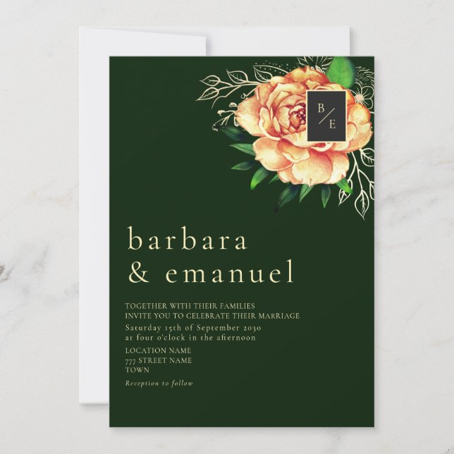 Convites Casamento Floral de Pêssego Esmeralda Verde (Frente)