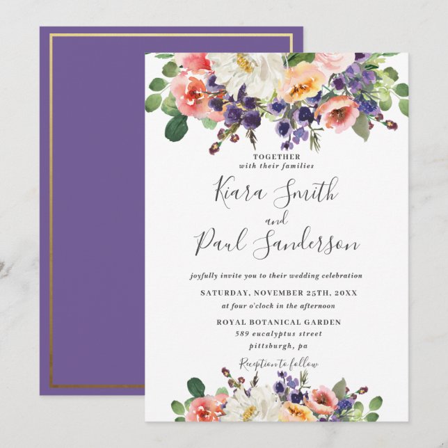 Convites Casamento Floral De Pêssego Laranja Roxo-Vibrante (Frente/Verso)