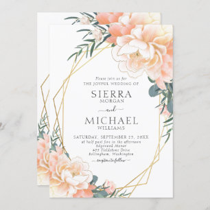 Convites Casamento Floral de Pêssego Pêssego Chic Dourado