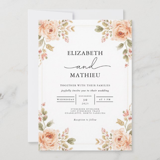Convites Casamento Floral de Pêssego Suave (Frente)