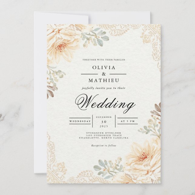 Convites Casamento Floral de Pêssego Suave (Frente)