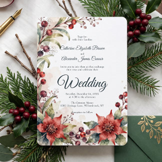 Convites Casamento Floral de Poinsettia em Aquarela de Inve