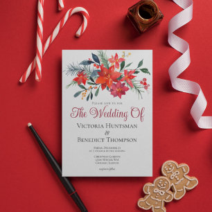Convites Casamento Floral de Poinsettia no Natal Vermelho E