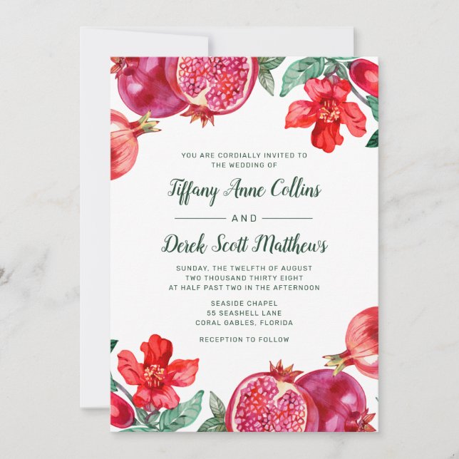 Convites Casamento Floral de Pomegranato de Watercolor (Frente)