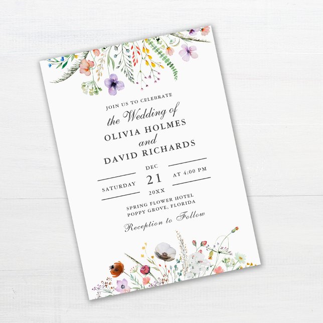 Convites Casamento Floral de Prado de Flores Silvestres Col (Wildflower Meadow Wedding Invitation on off-white background)