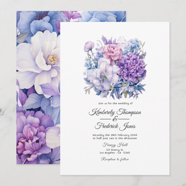 Convites Casamento Floral de Prata, Azul Icy e Lilac (Frente/Verso)