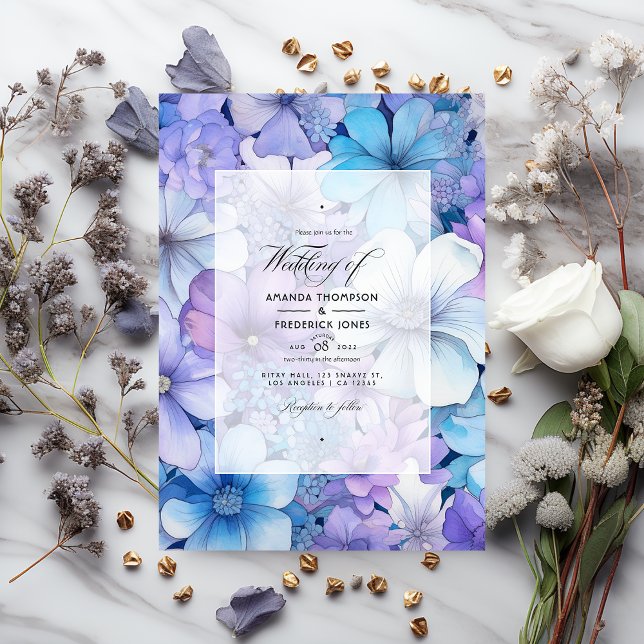 Convites Casamento Floral de Prata, Azul Icy e Lilac (Criador carregado)