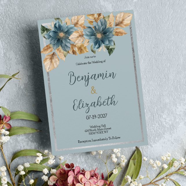 Convites Casamento floral de prata azul-marrom botulínico (Botanic mauve blue brown silver floral Wedding )