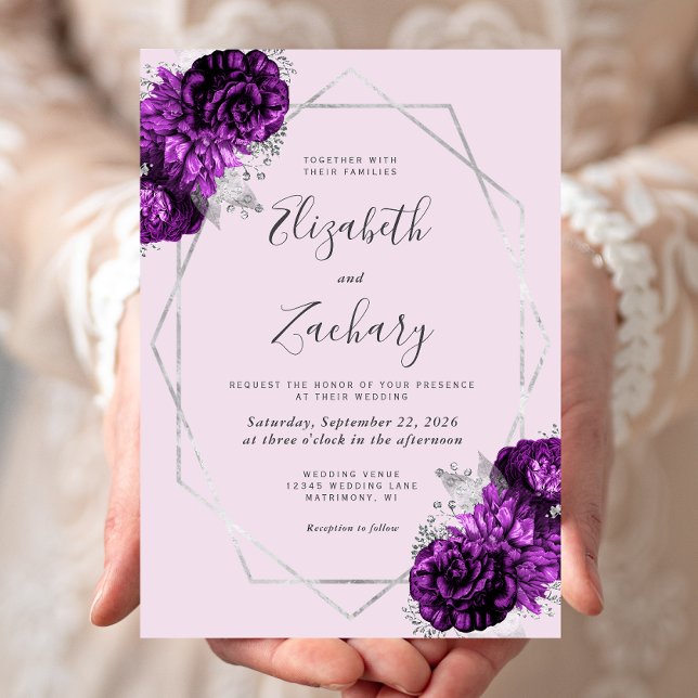 Convites Casamento Floral de Prata com Ameixa Roxa Lilás (Criador carregado)