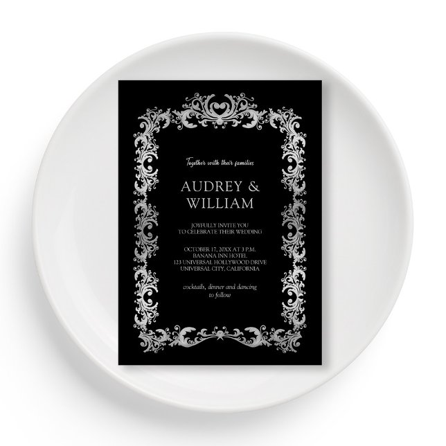 Convites Casamento Floral de Prata Elegante Personalizado (Personalized Elegant Silver Floral Wedding Invitation)