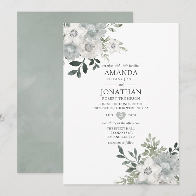 Convites Casamento Floral de Prata em Aquarela (Frente/Verso)