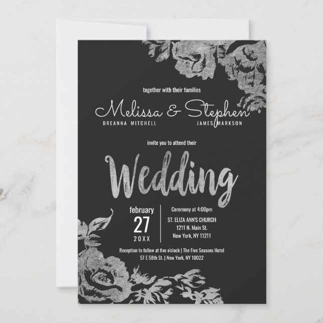 Convites Casamento Floral de Prata Negra Elegante (Frente)