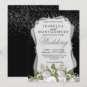 Convites Casamento Floral de Prata, Preto e Branco