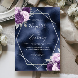 Convites Casamento Floral de Prata Púrpura marinho Foil Lil