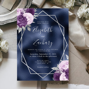 Convites Casamento Floral de Prata Púrpura marinho Foil Lil