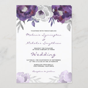 Convites Casamento floral de prata roxo 3963 da aguarela