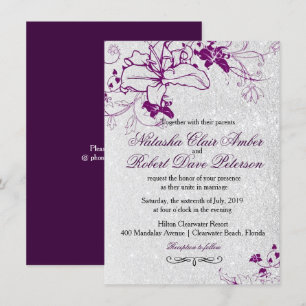 Convites Casamento Floral de Prata Roxo Profundo