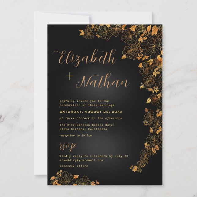 Convites Casamento Floral de Preto e Dourado Elegante Moder (Frente)
