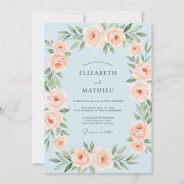 Convites Casamento Floral de Primavera Azul Claro e Suave (Frente)
