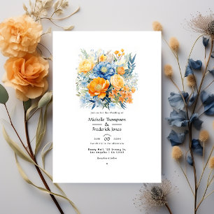 Convites Casamento Floral de Primavera Azul e Laranja Claro