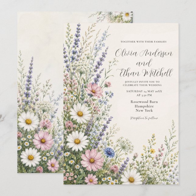 Convites Casamento Floral de Primavera com Campo de Flores  (Frente/Verso)