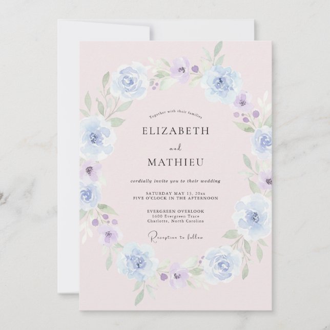 Convites Casamento Floral de Primavera em Azul Empoeirado (Frente)