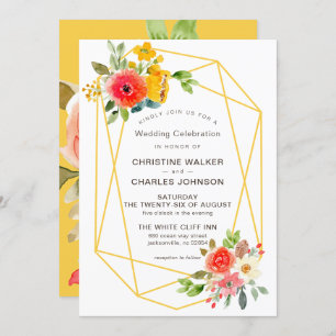 Convites Casamento Floral de Primavera Geométrico Dourado M