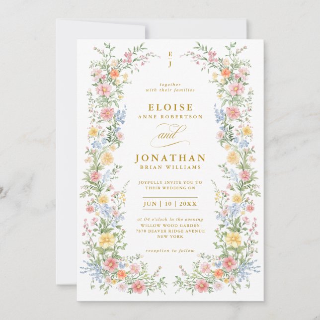 Convites Casamento Floral de Primavera Ornate Pastel Macio  (Frente)