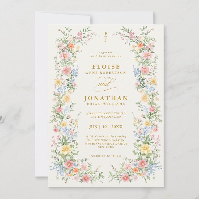 Convites Casamento Floral de Primavera Ornate Pastel Suave  (Frente)