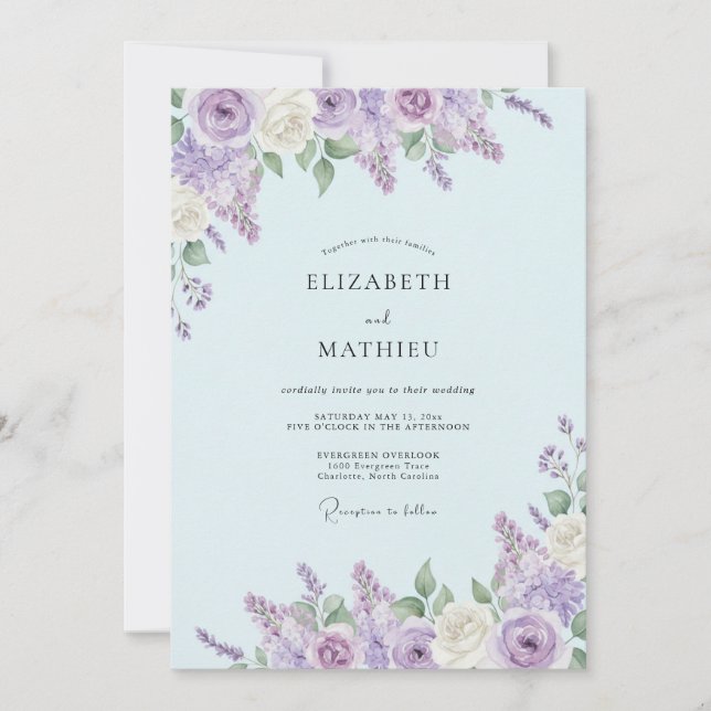 Convites Casamento Floral de Primavera Suave Lavanda (Frente)