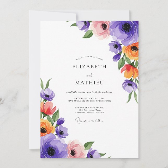 Convites Casamento Floral de Primavera Vibrante Roxo (Frente)