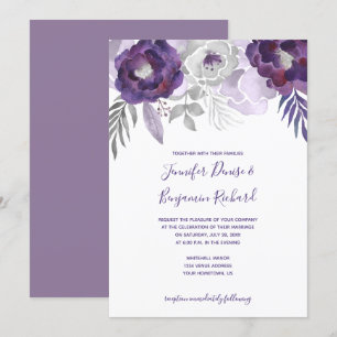Convites Casamento Floral de Purple e Silver Watercolor