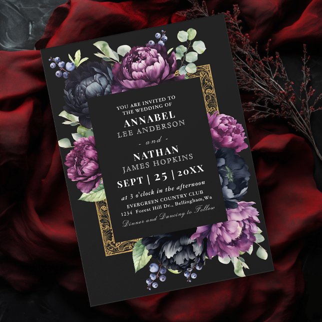 Convites Casamento Floral de Púrpura e Preto Elegante (Criador carregado)