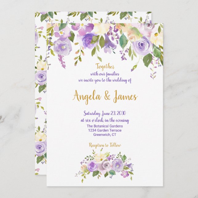 Convites Casamento Floral de Púrpura Elegante e Dourada Wat (Frente/Verso)