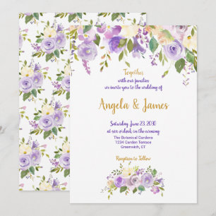 Convites Casamento Floral de Púrpura Elegante e Dourada Wat