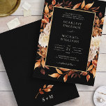 Convites Casamento Floral de Queda Negra<br><div class="desc">Convite De Casamento Floral Preto. Este elegante convite para o casamento contém lindas rosas pintadas à mão, cor d'água queimada, laranja e folhas de terracota, creme e beige, e belas ferrugem e marrom em fundo branco, perfeito para um casamento de outono! A parte de trás do convite tem um belo...</div>