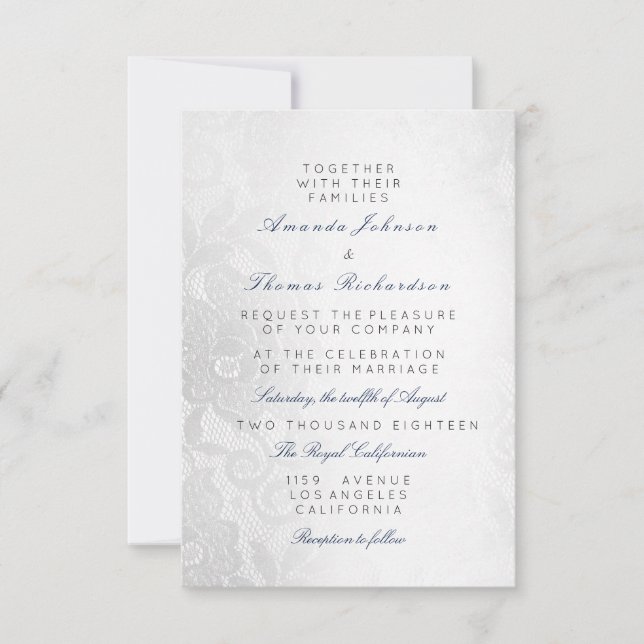Convites Casamento Floral de Renda Azul Marinho Prata (Frente)