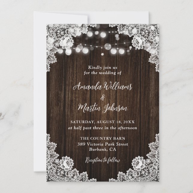 Convites Casamento Floral de Renda de Madeira Rústica Român (Frente)