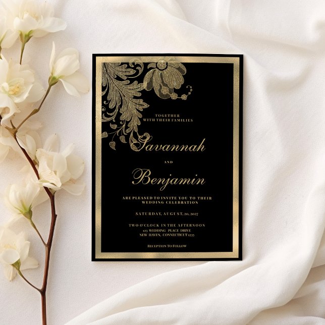 Convites Casamento floral de renda de ouro preto elegante (Elegant classy black gold lace floral wedding)