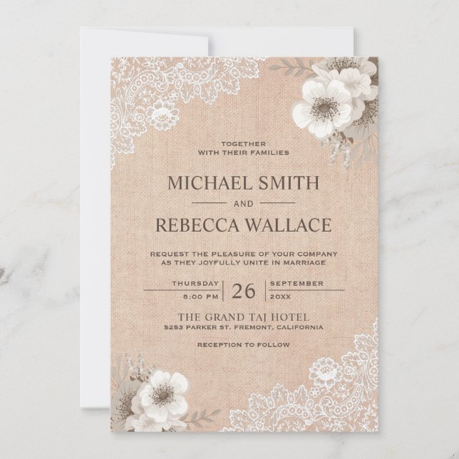 Convites Casamento Floral de Renda em Burlap Rústico Countr (Frente)