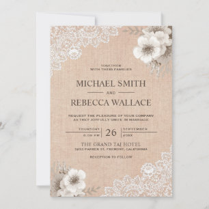 Convites Casamento Floral de Renda em Burlap Rústico Countr