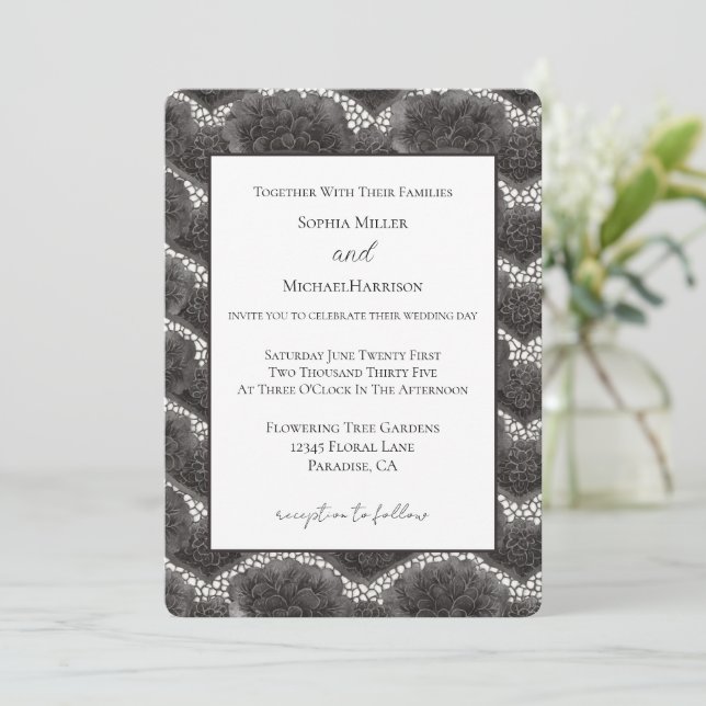 Convites Casamento Floral de Renda Falsa Preta e Branca Chi (Em pé/Frente)