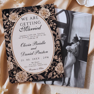 Convites Casamento Floral de Renda Preta e Pérola com Foto