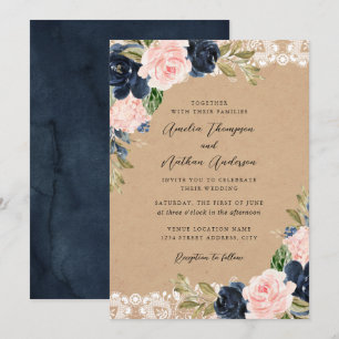 Convites Casamento Floral de Renda Rosa Marinho Rústico