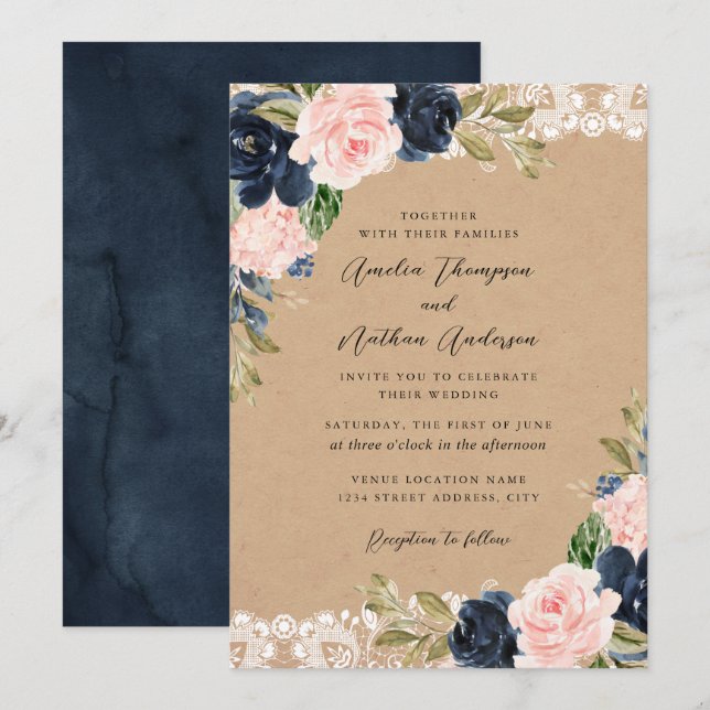 Convites Casamento Floral de Renda Rosa Marinho Rústico (Frente/Verso)