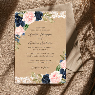 Convites Casamento Floral de Renda Rosa Marinho Rústico