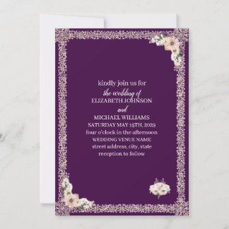 Convites Casamento Floral de Renda Roxo Escuro Real Dourado