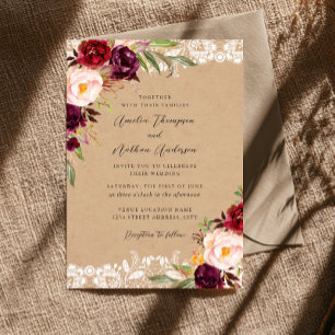 Convites Casamento Floral de Renda Rústica Borgonha